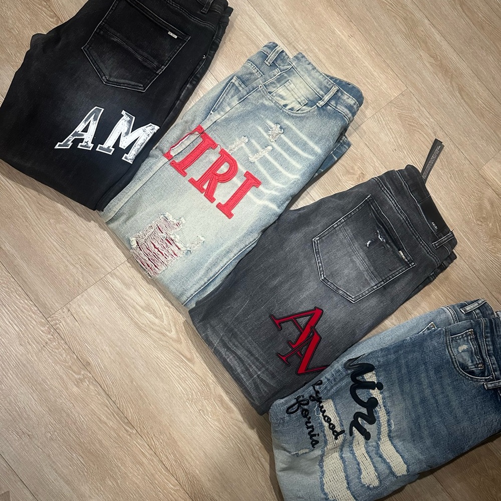AMIRI Black and Blue Skinny Jeans with Distressed Details